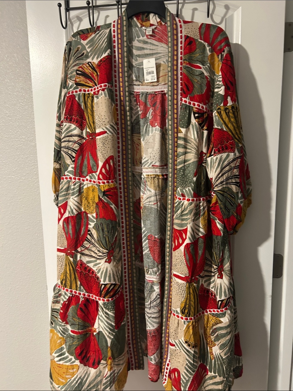 Cato Floral Open-Front Kimono Jacket in Red, Green & Mustard